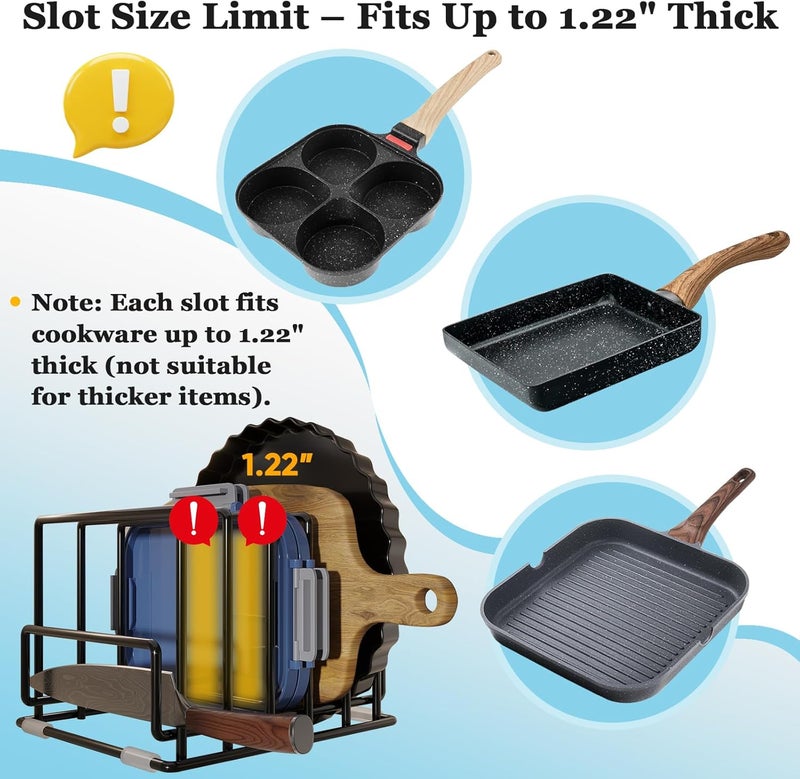 PMYEK Cutting Board Organizer Rack with 7 Compartments, Heavy-Duty Iron Pan and Baking Sheet Organizer, Kitchen Cabinet Storage Rack with Non-Slip Base, Space-Saving Pot Lid Holder for Countertop & Pantry - Image 4